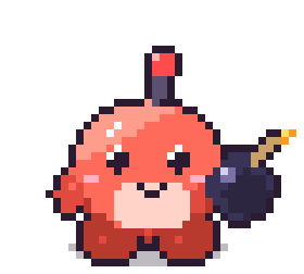 Kaboomi, a round coral creature with a red-tipped antenna, holding a lit bomb